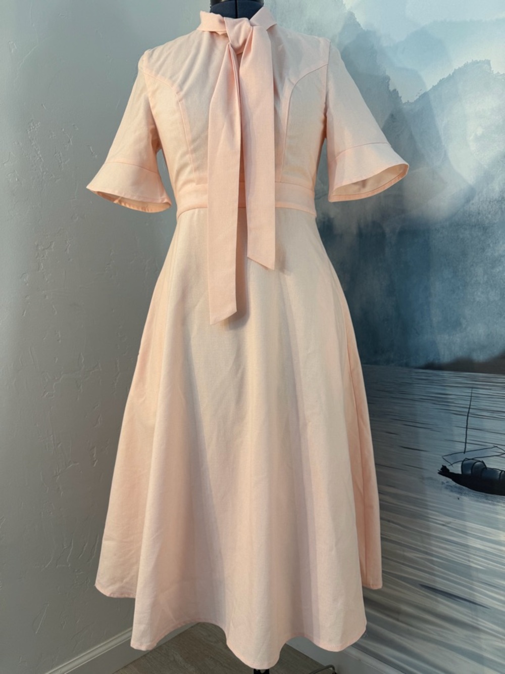 Bow-Tie Neck Midi Dress in Soft Pink #156 - Picture 2 of 7